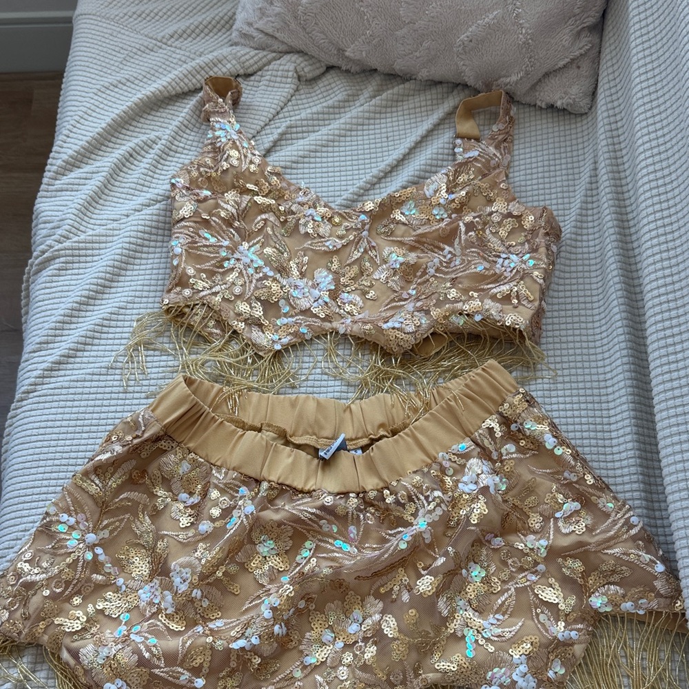 iHeartRaves Gold Sequin Fringe Crop Top & Skirt Set
